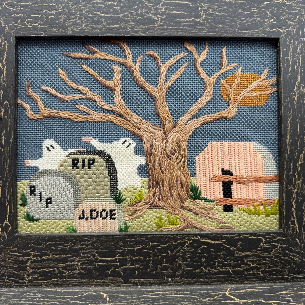 Halloween Needlepoint Framed Ghost Graveyard Spooky Shelf Sitter Handmade Art - Picture 10 of 13